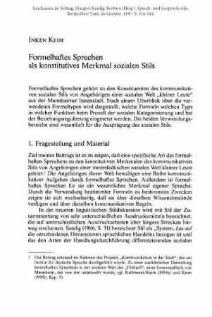 Formelhaftes Sprechen als konstitutives Merkmal sozialen Stils