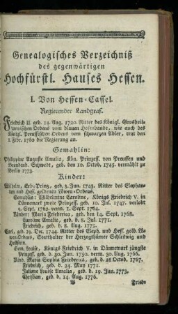 Genealogisches Verzeichniß des gegenwaertigen Hochfuerstl. Hauses Hessen