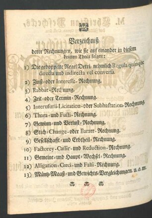 Verzeichniß derer Rechnungen, wie sie auf einander in diesem dritten Theile folgen: