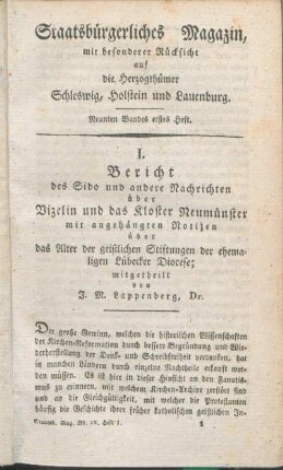 I. Bericht des Sido und andere Nachrichten über Vizelin und das Kloster Neumünster mit angehängten Notizen über das Alter der geistlichen Stiftungen der ehemaligen Lübecker Diocese; mitgetheilt von J. M. Lappenberg, Dr.