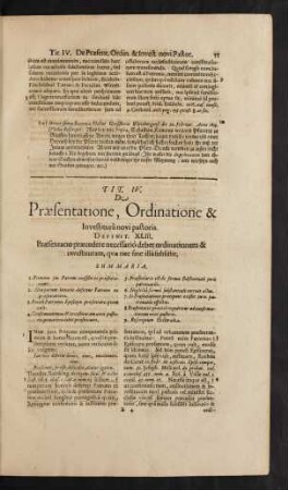 Tit. IV. De Praesentatione, Ordinatione & Investiturâ novi pastoris.