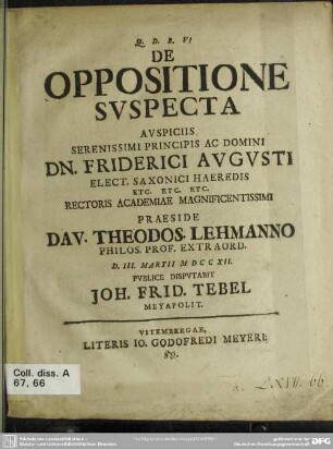 De Oppositione Suspecta ...
