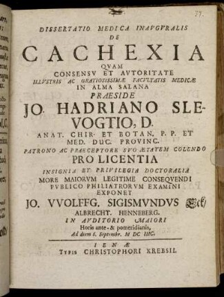 Dissertatio Medica Inauguralis De Cachexia