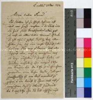 Brief des G. Morton Eden an den Maler Wilhelm Kemlein in Weimar mit Bericht vom Kuraufenthalt in Carlsbad, dem Tagesablauf, der Entwurfsarbeit und den dortigen neuen Kontakten