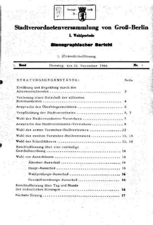 Nr. 1, 26. November 1946, Ordentliche Sitzung