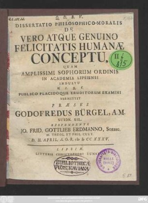 Dissertatio Philosophico-Moralis De Vero Atque Genuino Felicitatis Humanæ Conceptu
