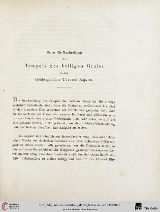 Ueber die Beschreibung des Tempels des heiligen Grales in dem Heldengedicht: Titurel Kap. III
