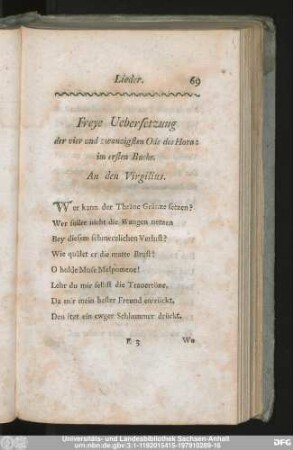 Freye Uebersetzung der vier und zwanzigsten Ode des Horaz im ersten Buche.