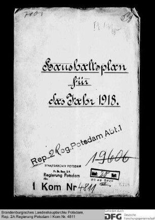 Haushaltsplan der Kämmereikasse in Plaue für das Rechnungsjahr 1918