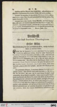 Vorschrifft für das Studium Theologicum
