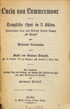 Lucia von Lammermoor : tragische Oper in 3 Akten