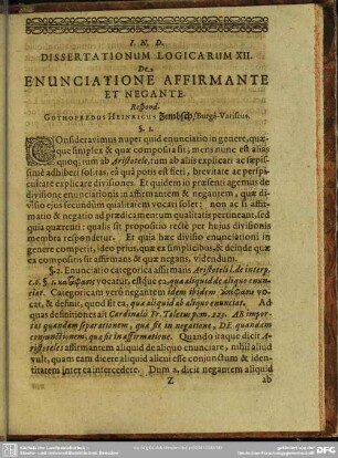 Dissertationum Logicarum XII. De Enunciatione Affirmante Et Negante