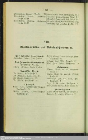 VIII. Krankencassen und Medicinal-Personen ec.