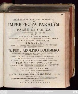 Dissertatio Inavgvralis Medica De Imperfecta Paralysi Sive Paresi Ex Colica