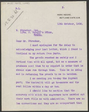 Brief an Willy Strecker und B. Schott's Söhne : 13.10.1930