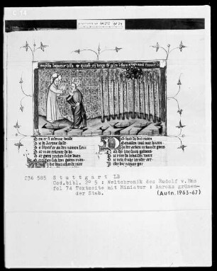 Weltchronik des Rudolf von Ems — Aarons grünender Stab, Folio 74recto