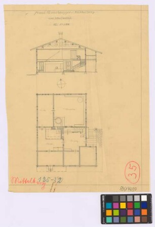 Mittelberg (Kleinwalsertal, [Landkreis Sonthofen]): Hof Moosbrugger. Haupthaus (Grundriss des Erdgeschosses, Querschnitt)