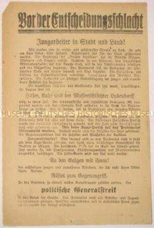 Programmatischer Aufruf der ostpreußischen Kommunistischen Jugend Deutschlands an die Jungarbeiter zum bewaffneten politischen Generalstreik gegen die Regierung