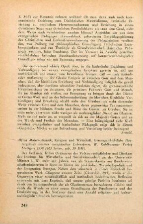 248-250 [Rezension] Müller-Armack, Alfred, Religion und Wirtschaft