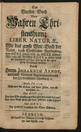 Das Vierdte Buch Vom Wahren Christenthum; Liber Naturæ