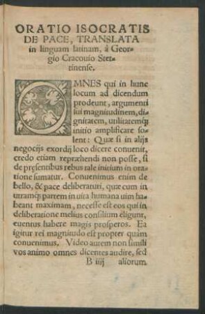 Oratio Isocratis De Pace, Translata in linguam latinam, a Georgio Cracovio Stettinense.