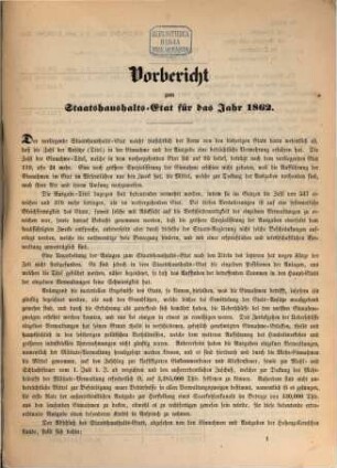 Staatshaushaltsplan : für d. Rechnungsjahr .... 1862