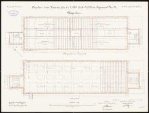 Artilleriekaserne II/27, Wiesbaden: Wagenhaus: Grundriss Obergeschoss, Dachgeschoss 1:100