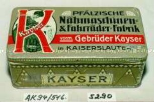 Blechdose für Nähmaschinenzubehör? "K Kayser PFÄLZISCHE Nähmaschinen- und Fahrräder-Fabrik vorm. Gebrüder Kayser in KAISERSLAUTERN"
