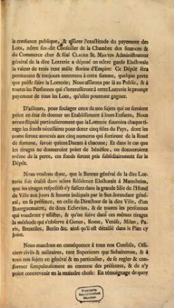 Lettres Patentes De Son Altesse Serenissime Electorale Palatine Portant Etablissement D'Une Lotterie Sous Le Nom De Lotterie Electorale Palatine : [Schwetzingen le 25. Août 1764]