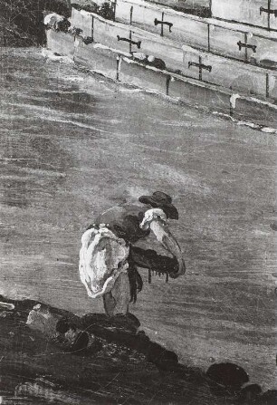 Dresden vom linken Elbufer oberhalb des Altstädter Brückenkopfes : Wäscherin, Gemäldeausschnitt, 1748