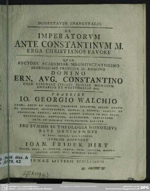 Dissertatio Inauguralis De Imperatorum Ante Constantinum M. Erga Christianos Favore