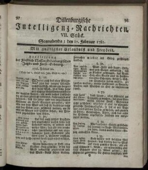 VII. Stück. Sonnabends: den 17. Februar 1781.