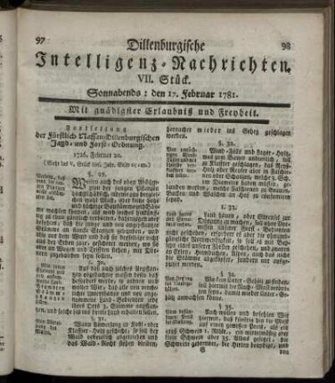 VII. Stück. Sonnabends: den 17. Februar 1781.