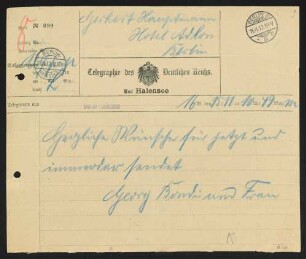 Brief von Georg Bondi an Gerhart Hauptmann