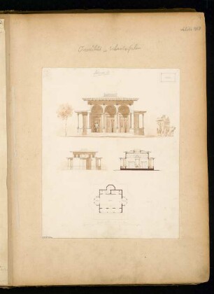 Omnibuswartesalon Monatskonkurrenz Februar 1868: Grundriss, Aufriss Vorderansicht, Seitenansicht, Längsschnitt; 2 Maßstabsleisten