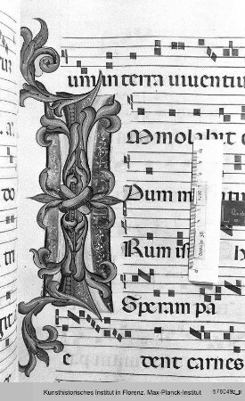 Buchseite mit Text, Neumen und Rankeninitiale I - Corale