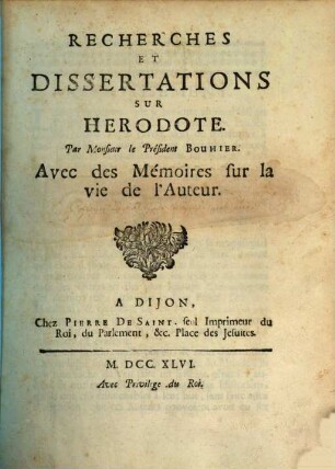 Recherches et dissertations sur Herodote