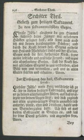 Sechster Theil. Gebeth zum heiligen Sakrament