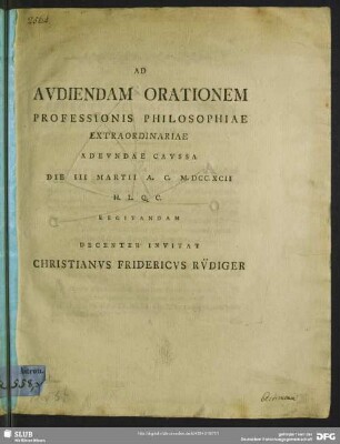 Ad Audiendam Orationem Professionis Philosophiae Extrordinariae Adeundae Caussa Die III. Martii A. C. M. DCC. XCII H. L. Q. C. Recitandam Decenter Invitat Christianus Fridericus Rüdiger : [De Effectu Refractionis In Ortum Et Occasum Stellarum Computando]
