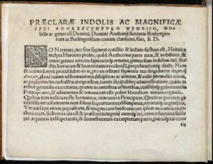 Praeclarae Indolis Ac Magnificae Spei Adolescentulo Henrico ... Domini Anthonii Senioris Isenbergiorum ac Budingensium comites clarissimi, filio, S. D.