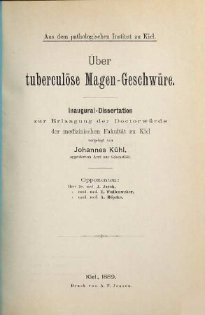 Über tuberculöse Magen-Geschwüre ...