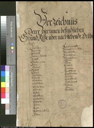 Verzeichnüs derer hierinnen befindlichen Grundriße über nachstehende Orthe