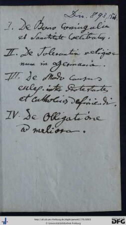 Handschriftliche Inhaltsangabe des gesamten Bandes.