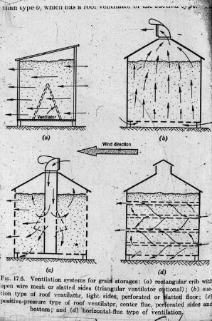 Ventilation systems for grain storages: a) rectangular crib with open wire mesh or slatted sides (triangular ventilator optional), (b) suction type of roof ventilator, tight sorides, perforated or slatted floor; (c) positive-pressure type of roof ventilator, center flue, perforated sides and bottom; and (d) horizontal-flue type of ventilation