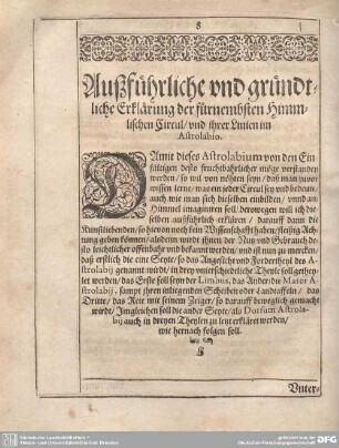 Außführliche und gründtliche Erklärung der fürnembsten Himmlischen Circul/und ihrer Linien im Astrolabio.