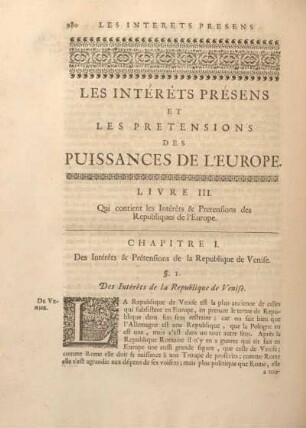 Chapitre I. Des Intérets & Prétensions de la Republique de Venise.
