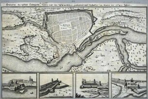 Karte der mittelalterliche Stadt Leitmeritz (heute Litoměřice in Tschechien) in Böhmen aus dem Jahr 1640, darunter vier Darstellungen der Befestigungsanlagen, während der schwedischen Besatzungszeit im Dreißigjährigen Krieg