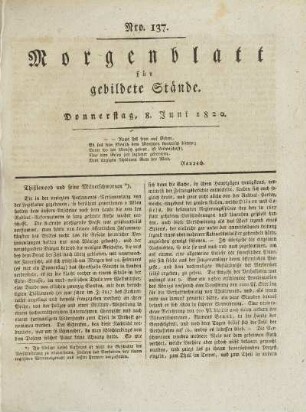 Nro. 137. Donnerstag, 8. Juni 1820. - Nro. 142. Mittwoch, 14. Juni 1820.
