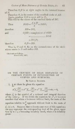 On the centres of mean distances of certain points of intersection of curves and surfaces.
