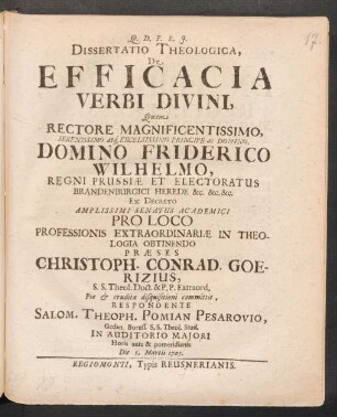 Dissertatio Theologica, De Efficacia Verbi Divini